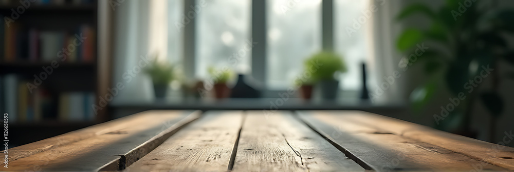 Poster A worn wooden table sits in a blurred, abstract view of a room through a steamed up window with glass reflections._00001_
