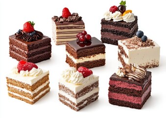 An Array of Delicious Layered Cakes Decorated with Fresh Fruits, Chocolate, and Cream, Perfect for Celebrations and Sweet Moments in Life