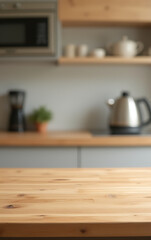 A wooden tabletop is partially obscured by a blurred image of a kitchen counter in the background._00002_