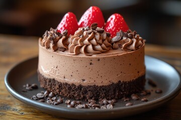 This dessert features a creamy chocolate mousse cake adorned with plump strawberries and delicate chocolate shavings, presented on a dark plate. Perfect for any occasion