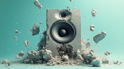 Concrete speaker exploding, debris flying.