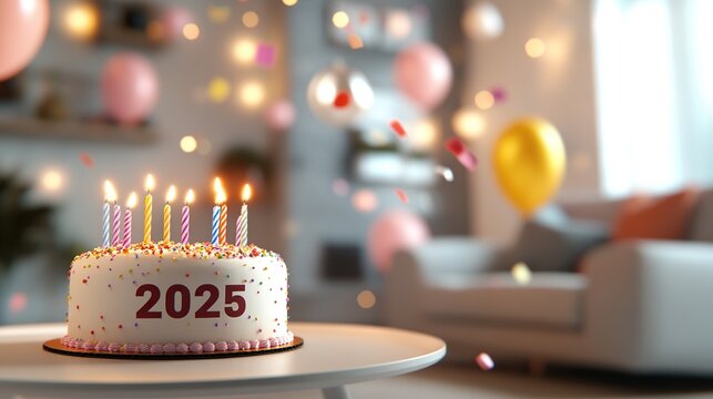 A festive cake with candles and the year 2025, set in a cheerful living room.