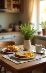Breakfast foods and a cup of coffee sit on the kitchen table in this warm and inviting morning setting._00001_