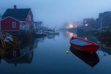 tranquil harbor scene with fog and colorful boats