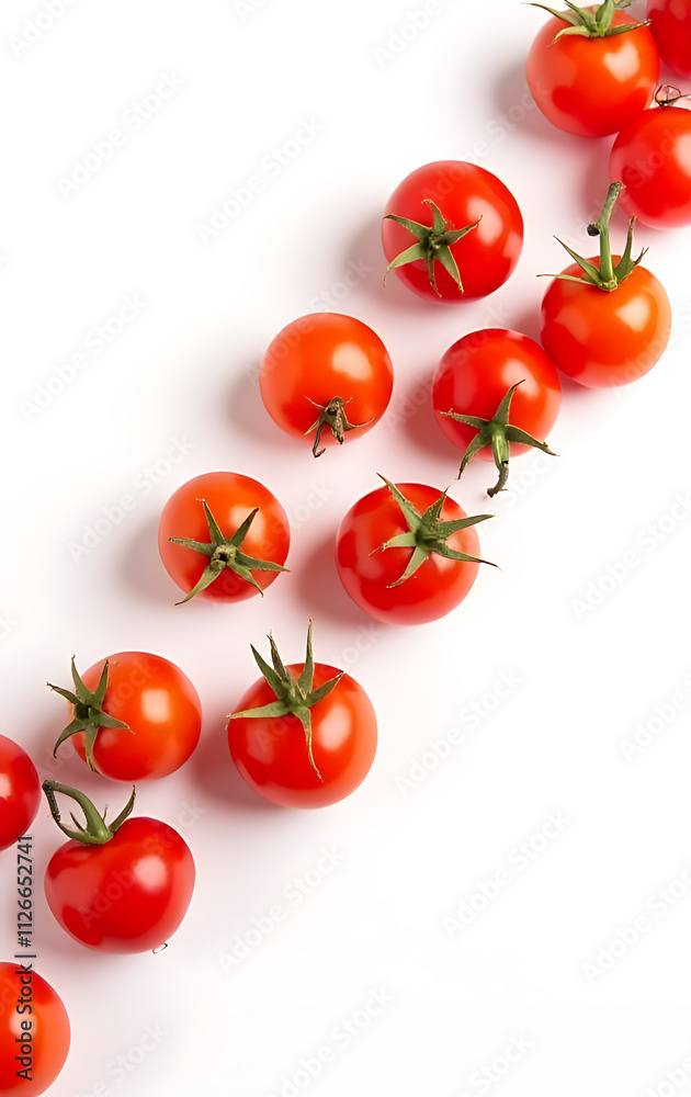 Poster Cherry tomatoes create a visually striking diagonal pattern against a minimalist white background ideal for creative food design use._00001_