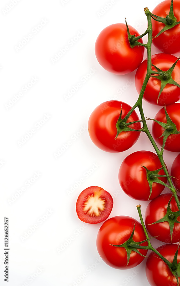 Aufkleber Cherry tomatoes create a visually striking diagonal pattern against a minimalist white background ideal for creative food design use._00002_