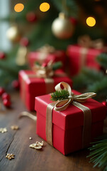 Christmas concepts feature a gift box, present, and ornament on a wooden table as a festive holiday scene._00001_