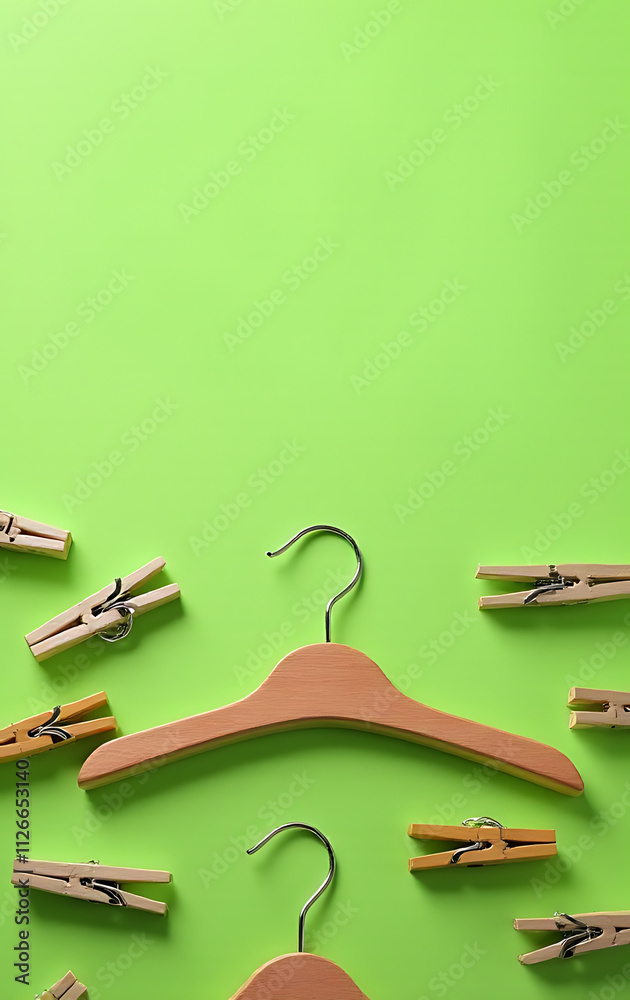 Poster clothespins are attached to hangers and placed on a bright green colored background in an organized 