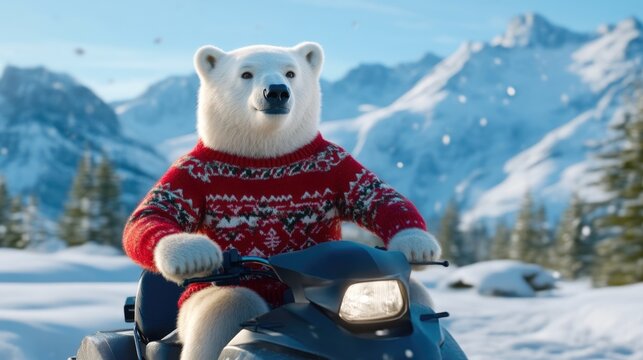 Polar Bear in a Sweater on Snowmobile Adventure