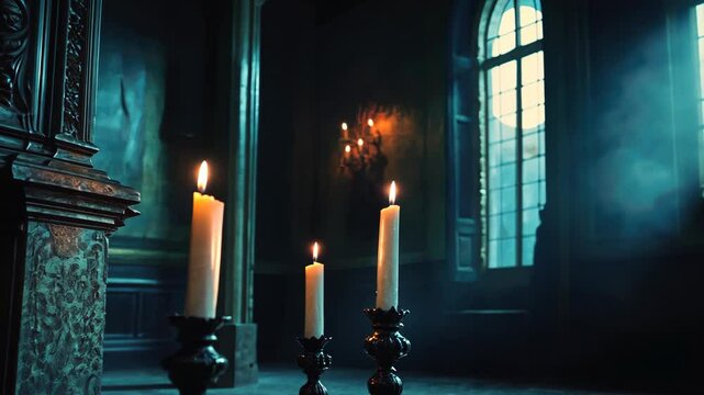 Flickering candles stand in eerie dimly lit room. Shadows dance on walls, mysterious ambiance. Horror, mystery, gothic background. Creepy spooky atmosphere.