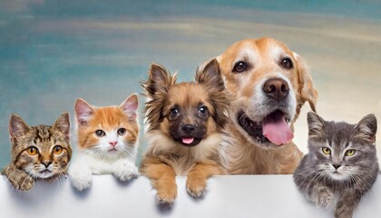 Adorable Cats and Dogs Peeking Over a White Edge Cute Pets on a Bright Background Perfect for Animal Lovers and Pet Enthusiasts Playful and Charming Banner Design