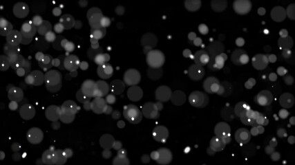 Animation loop white bokeh particles flow on black abstract background. Animation of fiery white  glowing flying ember burning ash particles.