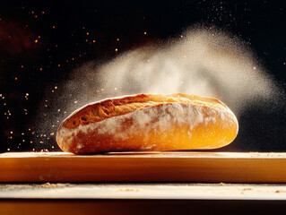 A freshly baked French baguette highlighted with flour particles in motion against a dark background.