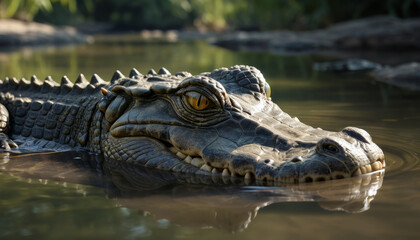 Fototapeta premium Crocodile in a river displaying its textured skin and keen eyes in a natural habitat