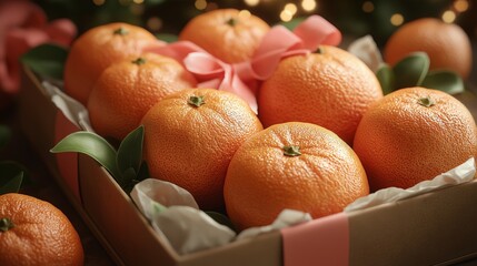 Fresh oranges in a festive gift box with pink ribbons, perfect for holiday gifting, healthy treats, and natural decor in vibrant orange-green palette