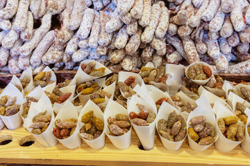 paper Cones cucurucho pintxos or tapas with serrano iberico ham carvings