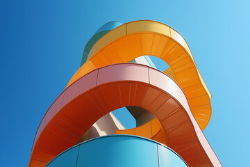 Obraz premium A colorful building with a blue top and orange and pink sides