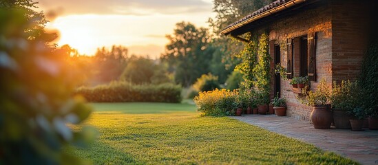 Obraz premium Sunset view of a rustic house with a lush garden.