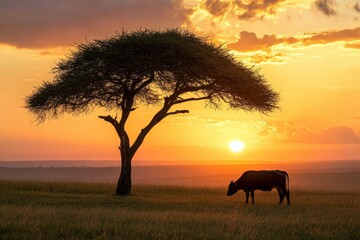 Obraz premium silhouette of a cow under a tree at sunset