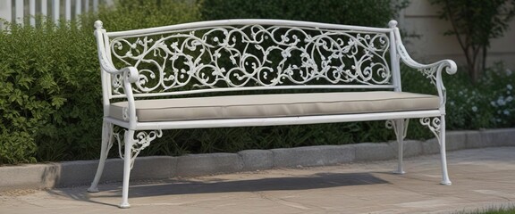 Classic white wrought iron garden bench with a cushioned seat , white, iron