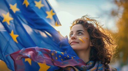 A young woman with a flag of the European Union