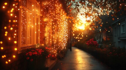 Autumn Evening Lights Adorn Cozy Street Scene