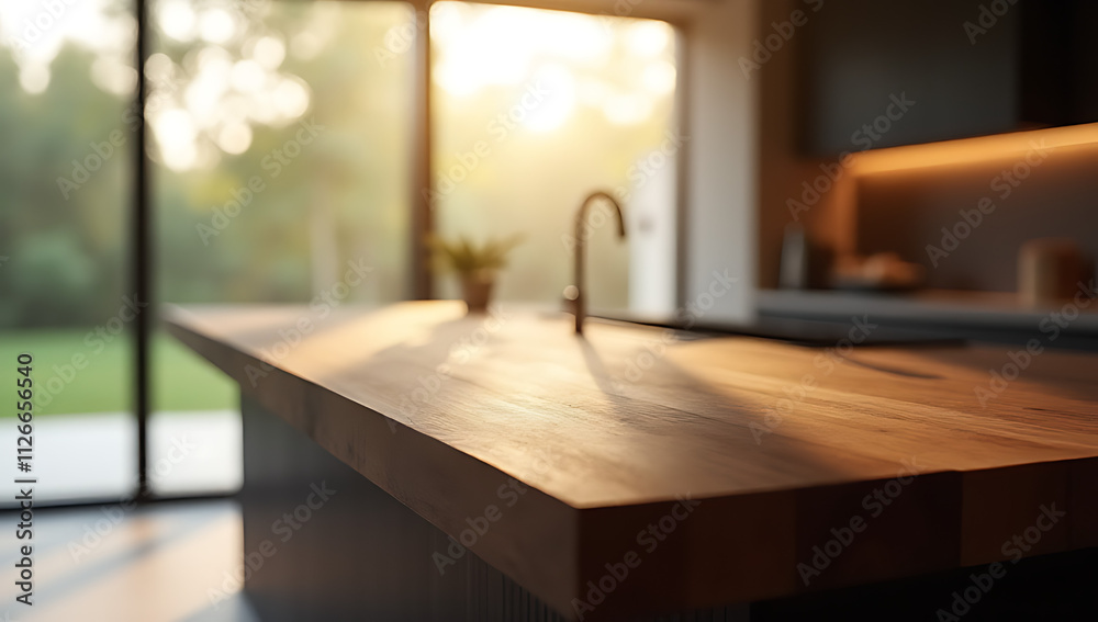 Aufkleber dark wood texture of a counter island on an abstract window background with subtle sunlight and luxu
