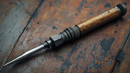 Naklejka premium Precision oiling tool for craftsmen workshop product photography rustic setting close-up tool quality and detail