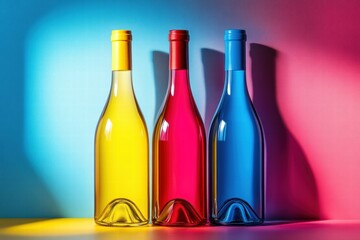 Three Colorful Wine Bottles on a Vibrant Background