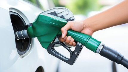 Refueling Vehicle at Gas Station with Fuel Nozzle in Hand
