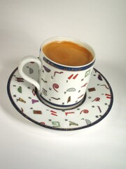 A cup of coffee on a table close view background