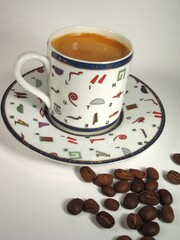 A cup of coffee on a table close view background