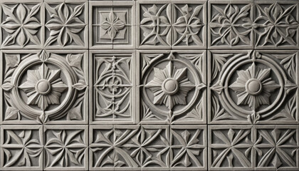 Intricate black and white architectural details featuring ornate decorative tiles in artistic design
