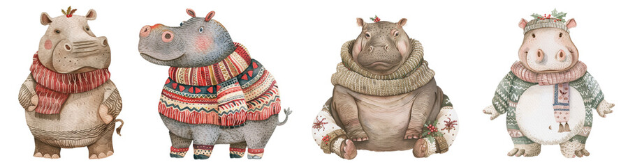Watercolor clip art set of cute hippopotamus wearing winter clothes and scarf cartoon for celebration merry Christmas holiday 