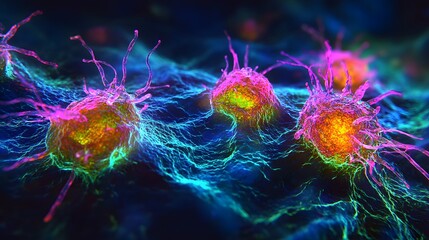 Cancer cells appear as twisted, glowing fractals, their surfaces rippling with radiant colors, revealing intricate details under the microscope.