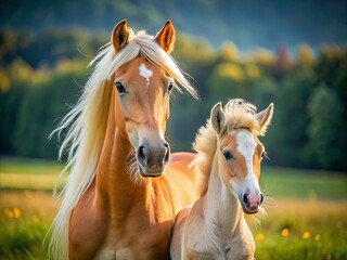Obraz premium Haflinger Mare and Foal: Adorable Mountain Pony Pair - Stock Photo