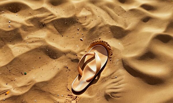 Single flip-flop on sandy beach with wave patterns