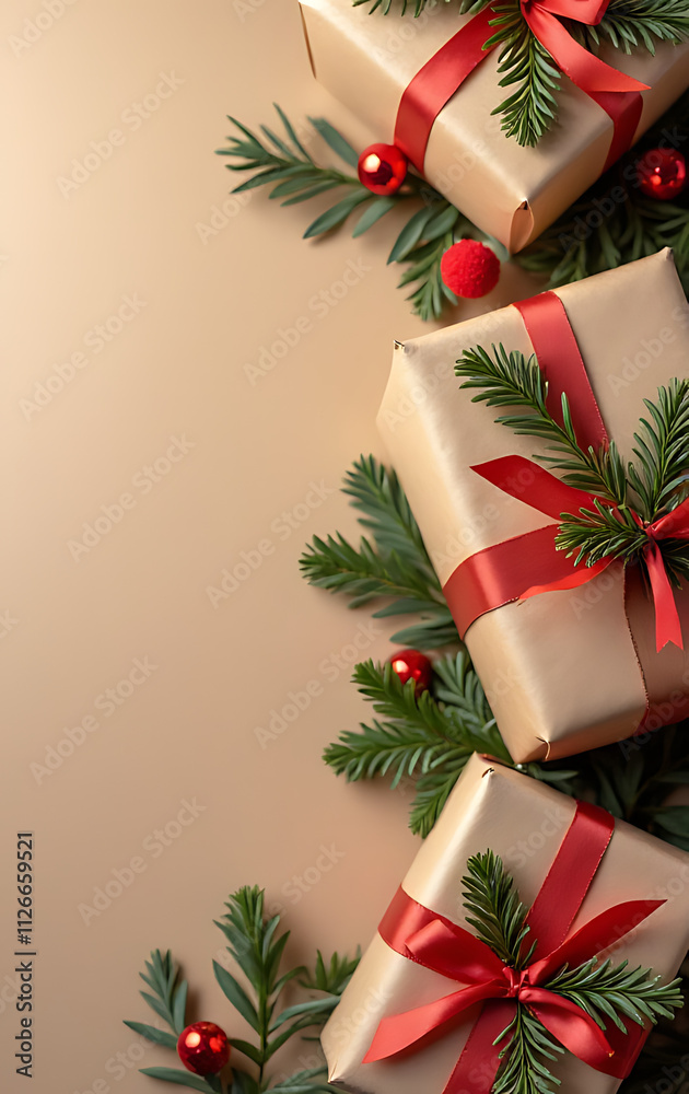 Poster gift boxes are wrapped in kraft paper with a flat lay template design for christmas and other new ye