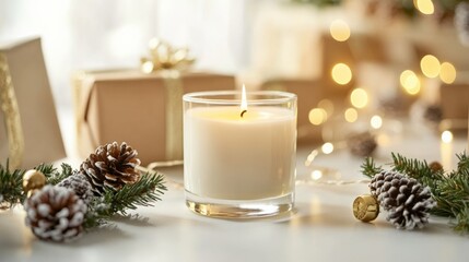 cozy candle with festive decorations for a warm atmosphere