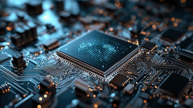 Close-up of a futuristic quantum computer processor on a high-tech circuit board, symbolizing advanced technology and innovation