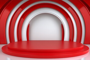 Obraz premium Stylish Red Podium with Curved Design and White Illumination
