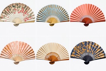 Hand fans with intricate floral and geometric patterns displayed on a white background, perfect for cultural themes, wallpapers, and decorative art.

