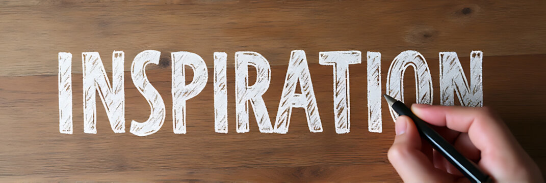 Handwritten creativity and inspiration concepts with a person and text on wooden background for unique blog content ideas._00002_