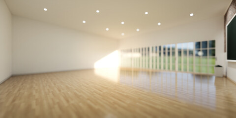 3d rendering of blur classroom background in perspective. Empty room interior of school, university and college. Include wooden floor, light of door window. Concept of education, teach and learn.