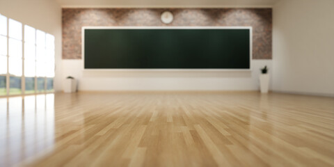 3d rendering of blur classroom background. Empty room interior of school, university, college. Include board or chalkboard, wooden floor in perspective. Concept of education, teach and learn.