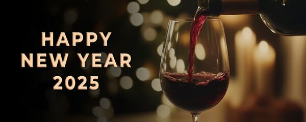 Happy New Year 2025 Banner with champagne pouring into a glass with party celebration bokeh light background photo.