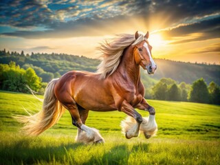 Lithuanian Heavy Horse Gallop, Summer Field, Long Exposure Photography, Equestrian, Animal, Horse Running, Nature,  Rural Scene,  Lithuanian Horse Breed,  Speed, Motion Blur, Sunset, Golden Hour