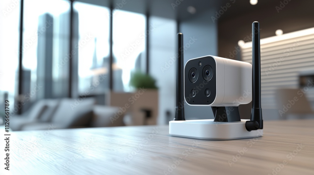 Poster showcasing an innovative wireless security camera system for modern urban office spaces and indoor s