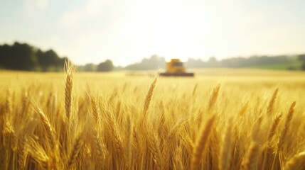 Obraz premium Farmer’s Harvest: Wheat Field with Combine at Work