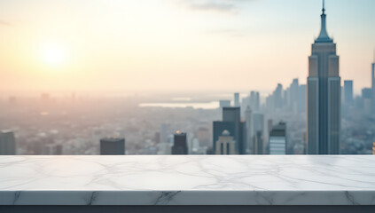 Marble countertop in the foreground features a serene cityscape as a background for creative presentations and design mockup ideas._00002_